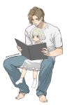  1boy 1girl barefoot bob_cut book brown_hair child commentary emily_(resident_evil) full_body grey_eyes highres holding holding_book invisible_chair leon_s._kennedy open_book reading resident_evil resident_evil_requiem shirt sitting smile spread_legs t-shirt tanpoku untranslatable_commentary white_hair white_shirt 