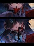  2boys bandages beads black_border black_hair blade_(honkai:_star_rail) blue_hair border closed_eyes commentary dan_heng_(honkai:_star_rail) dan_heng_(hunt)_(honkai:_star_rail) dan_heng_(imbibitor_lunae)_(honkai:_star_rail) dragon_horns earrings eyeliner fingerless_gloves french_kiss gloves gradient_hair hand_on_another's_face hand_on_another's_head highres honkai:_star_rail honkai_(series) horns imminent_kiss jacket jewelry kiss linel_lin long_hair makeup male_focus mortenax_blade_(honkai:_star_rail) multicolored_hair multiple_boys necklace open_clothes open_jacket pointy_ears signature streaked_hair tassel tongue transformation untranslatable_commentary yaoi 