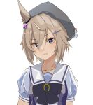  1girl animal_ears beret blue_eyes blush bow bowtie breasts brown_hair closed_mouth collarbone commentary_request ear_ornament hair_between_eyes hat highres horse_ears horse_girl looking_at_viewer original puffy_short_sleeves puffy_sleeves purple_bow purple_bowtie purple_shirt sailor_collar sailor_shirt school_uniform shirt short_hair short_sleeves simple_background solo tracen_school_uniform umamusume upper_body white_background white_sailor_collar yoojp 