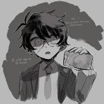  1boy akinashi_haru akinatsu_fan antenna_hair border breast_pocket cellphone collared_shirt commentary dark_persona double-parted_bangs english_commentary english_text fading_border glasses greyscale hair_between_eyes highres holding holding_phone implied_yaoi jacket long_sleeves male_focus monochrome necktie open_clothes open_jacket open_mouth phone pocket saihate_eki shirt short_hair sidelocks simple_background smartphone solo suit_jacket wide-eyed 