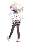  1girl :d absurdres backpack bag black_pantyhose blonde_hair blue_archive blue_sailor_collar blue_skirt cardigan chinese_commentary commentary_request feishi frilled_skirt frills from_behind full_body hair_ornament halo hifumi_(blue_archive) highres looking_back low_twintails pantyhose peroro_(blue_archive) sailor_collar shoes simple_background skirt smile solo standing stuffed_animal stuffed_bird stuffed_toy twintails white_background white_bag white_cardigan white_shoes wing_hair_ornament winged_halo yellow_eyes yellow_halo 