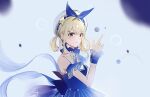  1girl back_bow bare_shoulders beret blonde_hair blue_bow blue_bowtie blue_choker blue_dress blue_sky blue_sleeves blue_wrist_cuffs blurry blurry_foreground bow bow_choker bowtie brown_eyes bubble bubbly_voyage_(infinity_nikki) choker closed_mouth collarbone collared_dress commentary cowboy_shot day detached_sleeves dot_nose dress eyelashes eyes_visible_through_hair frilled_choker frilled_sleeves frilled_wrist_cuffs frills hair_between_eyes hair_intakes hair_ornament hair_rings hairclip happy hat hat_bow hat_ornament infinity_nikki kosiokkk light_blush looking_ahead nikki_(series) outdoors pointing pointing_up rabbit_hair_ornament short_hair_with_long_locks short_sleeves sidelocks sky smile speech_bubble standing star_(symbol) star_hat_ornament strapless strapless_dress striped_bow striped_bowtie striped_clothes striped_dress swept_bangs untranslatable_commentary vertical-striped_clothes vertical-striped_dress wavy_hair white_hat wrist_cuffs 