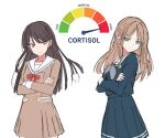  2girls bang_dream! bang_dream!_it's_mygo!!!!! black_hair blue_eyes blue_shirt blue_skirt brown_dress brown_hair chain's closed_mouth commentary cortisol_level_(meme) crossed_arms dress english_commentary grey_neckerchief long_hair meme multiple_girls nagasaki_soyo neckerchief pleated_skirt purple_eyes sailor_collar sailor_dress school_uniform shiina_taki shirt skirt tsukinomori_school_uniform white_sailor_collar 