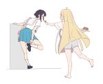  2girls absurdres ahoge bag barefoot black_hair blonde_hair blue_skirt cho_kaguya-hime! commentary feeding grey_shorts hair_bun highres jingulbi kaguya_(cho_kaguya-hime!) logo long_hair multiple_girls open_mouth pleated_skirt putting_on_footwear sailor_collar sakayori_iroha shirt short_hair short_sleeves shorts shoulder_bag simple_background single_hair_bun skirt socks very_long_hair white_background white_sailor_collar white_shirt white_socks 