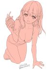  1girl :d all_fours arm_support artist_name bangs bare_shoulders barefoot bikini blush braid breasts cleavage collarbone cup hand_up highres holding holding_cup long_hair looking_at_viewer midriff open_mouth original signature simple_background sketch small_breasts smile solo swimsuit thighs unasaka_ryou white_background 