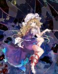  1girl back_bow blonde_hair blue_eyes bow commentary disembodied_eye dress hat high_heels highres long_hair maribel_hearn mob_cap pinafore_dress puffy_short_sleeves puffy_sleeves purple_dress sash shirt short_sleeves sleeveless sleeveless_dress socks solo star_(symbol) touhou uwazumi white_bow white_hat white_sash white_shirt white_socks 