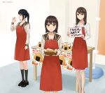 3girls apron black_hair black_shoes black_socks brown_eyes brown_hair brown_sailor_collar commentary_request commission food highres holding holding_sign kneehighs legs loafers long_hair long_sleeves medium_hair multiple_girls office_lady onigiri original pencil_skirt pink_skirt pixiv_commission ponytail red_apron sailor_collar school_uniform serafuku setu_kurokawa shirt shoes short_hair sidelocks sign skirt socks standing table variant_set white_shirt 