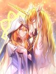  1girl abstract_background absurdres artist_name black_hands blonde_hair closed_mouth colored_extremities commentary dna genshin_impact glowing glowing_halo grey_eyes hair_between_eyes hakaina halo halo_behind_head hand_on_animal hand_on_own_arm heterochromia highres long_hair looking_at_viewer rhinedottir_(genshin_impact) robe smile solo symbol-shaped_pupils unicorn upper_body veil very_long_hair white_robe white_veil yellow_eyes yellow_halo 