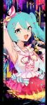  1girl absurdres aqua_eyes aqua_hair aqua_nails commentary english_commentary hatsune_miku hatsune_miku_expo highres holding holding_microphone long_hair looking_at_viewer microphone nail_polish open_mouth rnna shirt sleeveless sleeveless_shirt solo twintails vocaloid white_shirt 