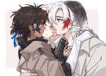  1girl 2boys ahoge arknights asak_akni black_hair black_shirt border brown_background brown_hair brown_jacket commentary dark-skinned_male dark_skin earclip elysium_(arknights) feather_hair frown grey_eyes hair_ornament hands_on_another's_back hands_on_another's_shoulders imminent_kiss jacket looking_at_another male_focus multicolored_hair multiple_boys orange_eyes parted_lips pink_eyes pink_hair red_hair rose_salt_(arknights) shirt simple_background star_(symbol) star_hair_ornament streaked_hair third_wheel thorns_(arknights) thorns_the_lodestar_(arknights) unamused upper_body white_border white_hair yaoi 