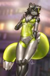 anthro female genitals green_eyes hi_res joints looking_at_viewer machine nariikhan piercing robot robot_anthro solo tongue tongue_out translucent translucent_body vulva