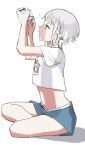  1boy ? androgynous arms_up blue_shorts braid commentary cropped_shirt elf_boy_(sunaba_(nczd5875)) from_side full_body grey_hair holding holding_jar indian_style jar looking_at_object looking_up male_focus medium_hair midriff navel nose original parted_lips pointy_ears print_shirt profile red_eyes shadow shirt short_shorts short_sleeves shorts side_braid sidelocks simple_background sitting solo sunaba_(nczd5875) t-shirt trap white_background 