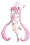  1girl :d absurdly_long_hair absurdres aillatoste bikini bikini_skirt blue_archive blush_stickers commentary_request double-parted_bangs fang hair_between_eyes halo hand_up highres koyuki_(blue_archive) leg_up long_hair looking_at_viewer navel open_hand open_mouth pink_eyes pink_hair pink_halo pink_scrunchie ruffle_bikini sandals scrunchie simple_background skin_fang smile solo standing standing_on_one_leg stomach swimsuit twintails v v-shaped_eyebrows very_long_hair white_background white_bikini white_sandals wrist_scrunchie wristband 
