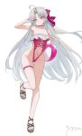  1girl absurdres adapted_costume ahoge aqua_eyes ball beachball bikini blue_nails blush bow breasts carlotta_(splashing_summer)_(wuthering_waves) carlotta_(wuthering_waves) chinese_commentary closed_mouth clothing_cutout commentary_request feet fingernails frilled_one-piece_swimsuit frills grey_hair hair_bow hand_up highleg highleg_bikini highres holding holding_ball holding_beachball jewelry legs long_hair looking_at_viewer medium_breasts nail_polish navel navel_piercing official_alternate_costume one-piece_swimsuit parted_bangs piercing pink_bow pink_one-piece_swimsuit sandals signature simple_background smile solo standing standing_on_one_leg stomach stomach_cutout striped_bow swimsuit thigh_gap thighlet toenail_polish toenails toes v white_background wuthering_waves yizi_(yizi_official) 