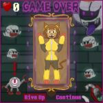  1:1 2026 anthro bad_end border brown_hair clothing crossover digital_media_(artwork) domestic_cat felid feline felis female game_over game_over_screen gameoverse gameplay_mechanics ghost glitch_productions group hair hi_res inanimate_transformation king_boo kit_(gameoverse) luigi's_mansion machine mammal mario_bros mechanical_suit milkybun29 nintendo paint_transformation painting_(object) pixel_(artwork) purple_border robot scared screaming spirit suit transformation trapped videogame_setting yellow_clothes 