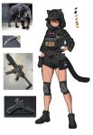  1girl absurdres animal_ears black_gloves black_hoodie black_shorts bt_(user_udwc7853) chest_rig commentary dark-skinned_female dark_skin english_commentary english_flag gloves highres holster hood hoodie humanization jacket knee_pads magazine_(weapon) original panther_ears panther_girl panther_tail personification photo-referenced shoes shorts simple_background sneakers solo tail white_background 