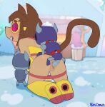 absurd_res anthro anus blush clothed clothing domestic_cat duo felid feline felis female genitals group hi_res kit_(gameoverse) larger_sub machine male mammal panties panties_down partially_clothed penis porldraws questionable_consent robot size_difference submissive swimwear trio underwear underwear_down vulva