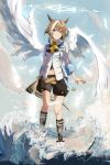  1girl absurdres animal_ears ascot black_shorts black_socks blue_eyes blush boots breasts brown_hair cheval_grand_(grand_itineraire)_(umamusume) cheval_grand_(umamusume) closed_mouth commentary_request feathered_wings hair_between_eyes halo highres horse_ears horse_girl horse_tail jacket looking_at_viewer midriff_peek multicolored_hair shorts smile socks solo streaked_hair tail umamusume white_boots white_hair white_jacket wings yellow_ascot yoojp 