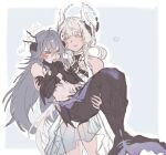  >_< 2girls adhesive_bra bare_shoulders black_bra bra bridgeless_bra carrying closed_eyes commentary dress english_commentary english_text fins grey_hair hair_ornament halo head_fins highres lamia:_lost_lullaby_(pgr) lamia_(pgr) liv_(pgr) long_hair mechanical_arms mechanical_tail merfolk mermaid monster_girl multiple_girls open_mouth princess_carry punishing:_gray_raven see-through_clothes shell shell_hair_ornament sidelocks tail underwear white_dress 