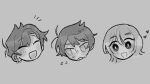  3boys :d akinashi_haru akinashi_natsuki akinatsu_fan antenna_hair blush brothers chibi chibi_only closed_eyes commentary_request ear_piercing flying_sweatdrops gloom_(expression) greyscale hair_between_eyes heart male_focus medium_hair monochrome motion_lines multiple_boys open_mouth piercing saihate_eki short_hair siblings sidelocks simple_background smile sweat tatsunami_shion wide-eyed 