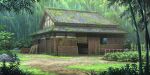  bamboo bamboo_forest day forest game_asset grass highres house log moss nature no_humans outdoors scenery third-party_source tile_roof touhou touhou_lostword 