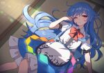  144udy 1girl apron back_bow blue_bow blue_hair blue_skirt blush bow bowtie center_frills closed_mouth collared_shirt commentary_request commission frilled_skirt frills highres hinanawi_tenshi long_hair looking_at_viewer lying missing_headwear on_back one_eye_closed puffy_short_sleeves puffy_sleeves red_bow red_bowtie red_eyes shadow shirt short_sleeves skeb_commission skirt solo tatami touhou very_long_hair waist_apron white_apron white_shirt 