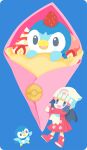  blue_background blue_eyes blue_hair boots character-themed_food coat commentary_request cream crepe dawn_(pokemon) food food_focus fruit hat holding holding_crepe holding_food long_hair pink_boots pink_coat piplup pokemon rizu_(rizunm) simple_background standing strawberry white_hat 