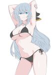  1girl absurdres armpits arms_behind_head bikini black_bikini blue_eyes breasts cleavage closed_mouth cowboy_shot crossed_bangs double-parted_bangs eiyuu_densetsu english_commentary grey_hair hair_between_eyes hand_on_own_arm highres kuro_no_kiseki_(series) kuro_no_kiseki_ii large_breasts light_smile long_sidelocks looking_at_viewer micro_bikini navel presenting_armpit shizuna_rem_misurugi side-tie_bikini_bottom sidelocks simple_background smile solo stomach swimsuit unfinished upper_body vanillahare white_background 