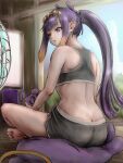  1girl absurdres alternate_costume ass black_shorts black_sports_bra blue_eyes butt_crack controller diamond_hairband dolphin_shorts electric_fan game_controller gradient_hair hairband highres holding holding_controller holding_game_controller hololive hololive_english long_hair multicolored_hair ninomae_ina'nis nymph_rhythm orange_hair ponytail purple_hair shorts sitting solo sports_bra takodachi_(ninomae_ina'nis) tentacle_hair virtual_youtuber yellow_hairband 
