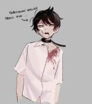  1boy akinashi_haru akinatsu_fan arrow_(symbol) bandage_on_face bandages belt_collar black_collar black_hair blood blood_from_mouth blood_on_chest blood_on_clothes blue_eyes collar collarbone collared_shirt commentary cropped_torso double-parted_bangs dress_shirt english_text grey_background hair_between_eyes male_focus open_mouth saihate_eki shirt short_sleeves sidelocks simple_background solo teeth untranslatable_commentary upper_body white_shirt 