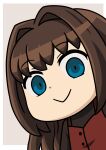  1girl aji_n aozaki_aoko blue_eyes brown_hair chibi chibi_only commentary_request dress fate/grand_order fate_(series) highres long_hair looking_at_viewer looking_down mahou_tsukai_no_yoru partial_commentary red_dress riyo_(lyomsnpmp)_(style) smile solo solo_focus turtleneck 