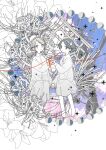  2girls alternate_costume barefoot black_hair blonde_hair closed_mouth cloud collared_dress commentary_request cover cover_page dress flower hairband hat highres holding_hands long_sleeves maribel_hearn mini_hat mob_cap multiple_girls neckerchief partial_commentary sailor_collar sitting smile sparkle spider_lily string string_of_fate textless_version touhou uewtsol usami_renko utility_pole white_background white_hairband white_hat 