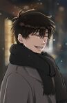  1boy backlighting black_hair black_scarf blurry blurry_background brown_jacket closed_eyes grin jacket kim_dokja laughing male_focus n_juumt omniscient_reader's_viewpoint outdoors scarf short_hair smile snow snowing solo upper_body 