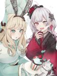  2girls afterimage ahoge alice's_adventures_in_wonderland alice_(alice_in_wonderland) animal animal_ear_hairband animal_ears aqua_bonnet aqua_eyes aqua_kimono arrow_through_heart black_choker black_flower black_hairband black_hat black_rose black_sash blonde_hair bonnet braid butterfly_hat_ornament cat choker colored_inner_animal_ears commentary_request creator_connection crossover cupcake dot_nose fake_animal_ears fascinator fingernails fishnets floral_print floral_print_kimono flower flustered flying_sweatdrops food food_wrapper frilled_bonnet frilled_sleeves frills fruit furisode gloves grey_cat grey_eyes hair_flower hair_ornament hairband hat hat_flower hat_ornament heart-shaped_nose heterochromia highres holding holding_plate ishigami_nozomi ishigami_nozomi_(3rd_costume) japanese_clothes jewelry kimono lace lace-trimmed_kimono lace_choker lace_hairband lace_trim lolita_fashion long_hair low_twin_braids middle_ring mint_chocolate motion_blur multicolored_hair multiple_girls multiple_rings nail_polish nijisanji obi open_mouth plate print_kimono rabbit_ear_hairband rabbit_ears red_eyes red_flower red_kimono red_nails red_rose red_streaks ring rose rose_print sash simple_background sleeves_past_wrists strawberry streaked_hair sweatdrop tail tail_wagging thumb_ring tilted_headwear twin_braids upper_body virtual_youtuber wa_lolita white_background white_gloves white_hair yu-ki_(user_dttw2327) 
