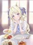  1girl absurdres animal_ears ascot blonde_hair blue_ascot blue_gem blush casual closed_mouth commentary_request crea_tiramisu ear_covers food fork gem hair_between_eyes highres horse_ears horse_girl long_hair looking_at_viewer macaron plate shirt single_ear_cover smile solo spoon teapot tiered_tray umamusume victoire_pisa_(casual)_(umamusume) victoire_pisa_(umamusume) white_shirt 