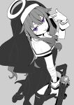  1girl bags_under_eyes bandaged_arm bandages bandaid bandaid_on_cheek bandaid_on_face black_dress black_headdress black_shoes black_thighhighs black_veil character_charm charm_(object) commentary_request dot_nose dress finger_gun finger_gun_to_head foot_out_of_frame from_above from_behind grey_background greyscale guimpe gun hair_flaps halo highres holding holding_gun holding_weapon kamippoina_(vocaloid) kusanagi_nene long_hair long_sidelocks looking_at_viewer looking_back low-tied_sidelocks monochrome nenerobo nun nun_headdress piercing project_sekai purple_eyes rifle shoes short_sleeves sidelocks solo spot_color tamaru39 thighhighs tongue tongue_out tongue_piercing turning_head veil very_long_hair weapon weapon_charm weapon_request wrist_cuffs 