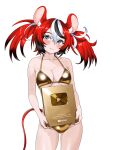  1girl absurdres alternate_costume animal_ears bikini black_hair black_nails blue_eyes breasts gold_bikini gold_creator_award hakos_baelz highres holding_plaque hololive hololive_english ivan_ramirez medium_breasts mouse_ears mouse_girl mouse_tail multicolored_hair red_hair simple_background solo swimsuit tail twintails virtual_youtuber white_background white_hair youtube_creator_award youtube_logo 