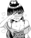 1girl :d blush collarbone covering_own_face greyscale hair_ornament hand_over_eye heart heart-shaped_pupils high_ponytail long_hair looking_at_viewer monochrome mya_(ma0ma0ma) off_shoulder ooruri_ayami open_mouth pom_pom_(clothes) pom_pom_hair_ornament ponytail pretty_rhythm pretty_rhythm_dear_my_future pretty_series print_shirt shirt short_sleeves smile solo straight-on sweat symbol-shaped_pupils teeth upper_body upper_teeth_only white_background 