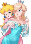  2girls absurdres bare_shoulders blonde_hair blue_dress blue_eyes blush breasts brooch collarbone commentary_request crown dress earrings elbow_gloves eyelashes gloves grabbing_from_behind groping hair_over_one_eye highres jewelry kurere1202 long_hair long_sleeves looking_at_another mario_(series) medium_breasts multiple_girls off-shoulder_dress off_shoulder open_mouth pink_dress princess_peach puffy_sleeves purple_nails rosalina smile sphere_earrings star_(symbol) star_brooch star_earrings white_background white_gloves yuri 