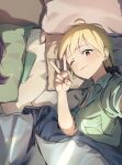  2girls absurdres ahoge black_scrunchie blonde_hair breasts cellphone cho_kaguya-hime! commentary_request hair_ornament hair_scrunchie highres jingulbi kaguya_(cho_kaguya-hime!) long_hair medium_breasts multiple_girls nail_polish pajamas phone pillow pink_nails sakayori_iroha scrunchie selfie smartphone solo_focus under_covers 