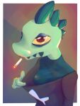 3:4 anthro bea_santello black_clothing black_teeth bodysuit border cigarette clothing collar collar_pull eyeshadow female green_body green_scales head_spikes hi_res largedrat lizard looking_at_viewer makeup night_in_the_woods nipple_outline red_eyes reptile scales scalie simple_background skinsuit solo spikes spikes_(anatomy) sweater teeth tight_clothing topwear white_border yellow_sclera