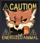 2026 ambiguous_gender anthro battery black_eyes border brown_body brown_eyebrows brown_fur canid canine caution_sign cheek_tuft circle_eyebrows dipstick_ears ear_markings electricity_symbol english_text exclamation_point eyebrows facial_tuft fangs feve fox fur gradient_background grey_background grey_border hazard_symbol headshot_portrait holding_object holding_object_in_mouth icon inner_ear_fluff looking_away mammal markings minus_sign multicolored_body multicolored_ears multicolored_fur narrowed_eyes orange_body orange_fur plus_sign portrait sign simple_background solo symbol teeth text tuft white_body white_fur white_inner_ear white_inner_ear_fluff white_text yellow_sclera yellow_text
