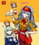 2girls ? absurdres bang_dream! bang_dream!_it's_mygo!!!!! blue_hair bow bowtie commentary_request cup disposable_cup earpiece employee_uniform fast_food_uniform food food_wrapper french_fries gloves green_hair hand_on_own_hip highres holding holding_sign holding_tray long_hair looking_at_viewer mcdonald's multiple_girls ne2op object_in_pocket pocket polka_dot polka_dot_background sauce_packet sign simple_background smile togawa_sakiko tray wakaba_mutsumi yellow_background yellow_eyes 
