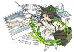  1girl absurdres black_hat black_skirt bow brown_hair buttons cloud collared_shirt commentary_request contrast_collar green_bow hair_ornament hairclip hat hat_bow highres holding_hands object_request open_mouth parody_request photo_(object) shirt shirt_tucked_in short_hair short_sleeves skirt touhou uewtsol usami_renko white_background white_shirt 