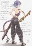  1girl ass au_ra backless_shirt bare_shoulders black_horns black_pants black_scales black_tail blue_hair breasts commentary_request dragon_girl dragon_horns dragon_tail english_commentary english_text engrish_text final_fantasy final_fantasy_xiv from_behind halterneck hand_on_own_hip highres holding holding_sword holding_weapon horns li_(lithium0522) medium_breasts mixed-language_commentary pants pantylines ranguage sandals sheath short_hair sideboob solo sword tail tail_through_clothes warrior_of_light_(ff14) weapon 