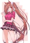  1girl alternate_costume animal_ears bare_shoulders blush bow breasts brown_hair commentary_request cosmetics daiwa_scarlet_(umamusume) fang hair_between_eyes hair_bow hair_intakes holding holding_lipstick_tube horse_ears horse_girl horse_tail large_breasts lipstick lipstick_tube long_hair looking_at_viewer makeup open_mouth pink_shirt pink_skirt red_eyes shirt skirt smile solo tail twintails umamusume very_long_hair yumesato_makura 