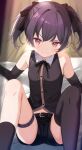  1girl asymmetrical_legwear bare_shoulders bed belt black_belt black_gloves black_hair black_ribbon black_shirt black_shorts black_socks black_thighhighs blush closed_mouth collared_shirt commentary_request elbow_gloves feet_out_of_frame gloves highres komone_ushio m_legs multicolored_eyes neck_ribbon on_bed orange_eyes original paid_reward_available pillow purple_eyes ribbon shirt short_hair short_shorts short_twintails shorts single_sock single_thighhigh sleeveless sleeveless_shirt socks solo spread_legs thigh_strap thighhighs twintails two-tone_eyes uneven_legwear 