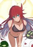  1girl absurdres arm_under_breasts artist_request bikini black_bikini blunt_ends breasts broken_halo cleavage closed_mouth collarbone dorpos double-parted_bangs english_commentary floating_hair food fruit gold_halo green_eyes guilty_gear guilty_gear_strive hair_between_eyes halo hand_on_own_arm highres jack-o'_valentine knight_servant large_breasts leaning_forward long_hair long_sidelocks looking_at_viewer navel red_hair side-tie_bikini_bottom sidelocks simple_background smile solo spiked_halo stomach straight_hair swimsuit upper_body very_long_hair watermelon white_background 