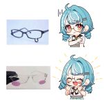  1girl :3 :d absurdres ahoge bespectacled black_bow black_bowtie blue_hair blush_stickers bow bowtie chibi chibi_only commentary_request drill_hair glasses hair_ornament hairclip highres kiwipodo looking_at_viewer medium_hair multicolored_hair red_eyes school_uniform shiranami_ramune shirt sidelocks simple_background single_hair_intake smile streaked_hair twin_drills virtual_youtuber vspo! white_background white_shirt white_streaks 
