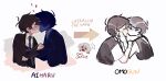  5boys absurdres aihara_yuu akinashi_haru arrow_(symbol) belt black_hair black_jacket blonde_hair blue_necktie blue_skin blush chibi closed_eyes collared_shirt colored_skin commentary english_commentary english_text hair_ornament hair_over_one_eye heart highres jacket kiss male_focus medium_hair multiple_boys necktie omori omori_(omori) open_clothes open_jacket outline pairing_name pants saihate_eki shirt short_hair short_sleeves sidelocks simple_background sleeveless sleeveless_shirt suit_jacket sunny_(omori) tatsunami_shion this_game_is_not_real tosteurmori vest white_background white_outline yaoi 